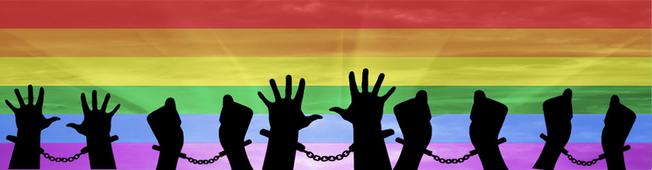 Handcuffed silhouettes of hands against rainbow background Handcuffed silhouettes of hands against rainbow background
